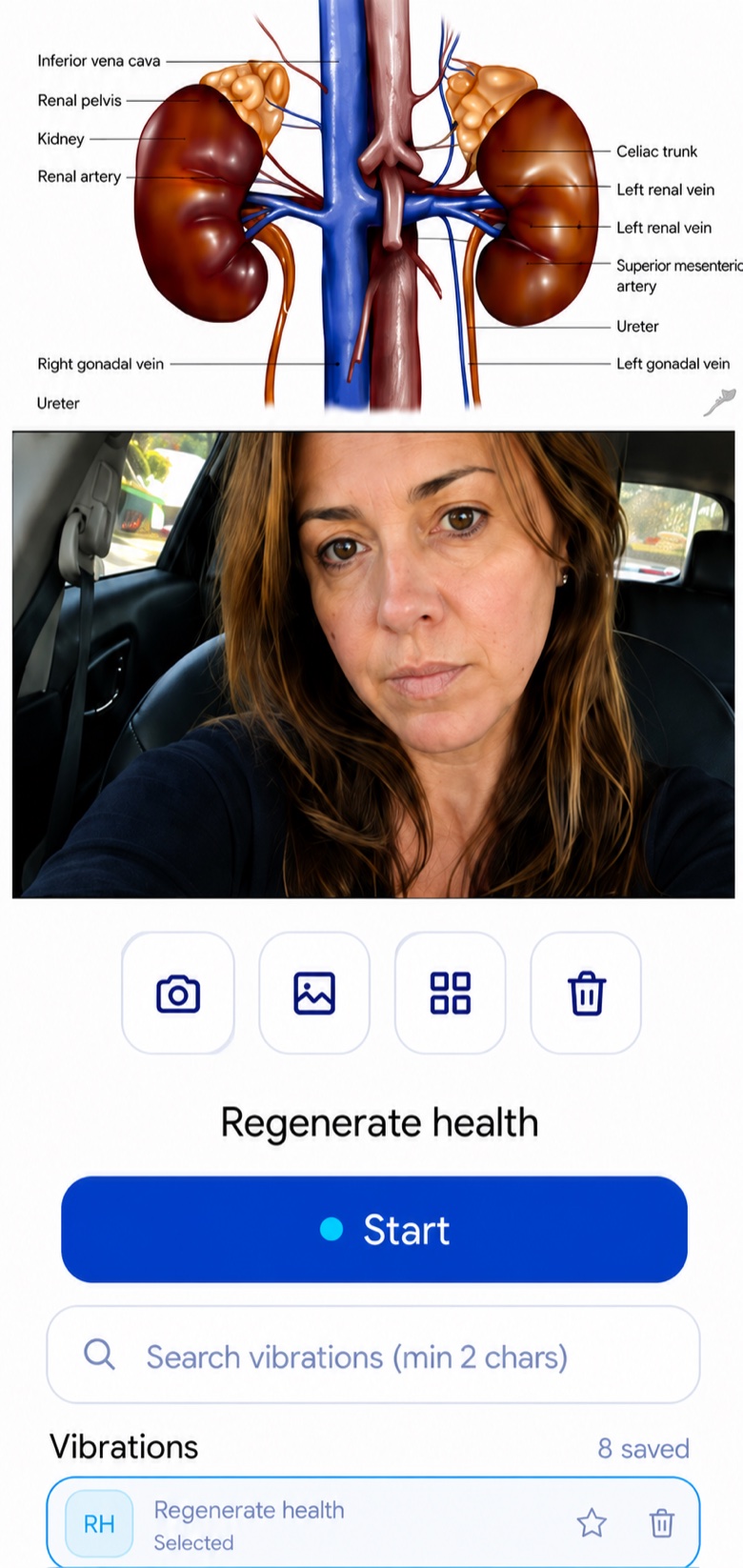 Vibe Heal cargando una foto con la vibración Regenerate Health